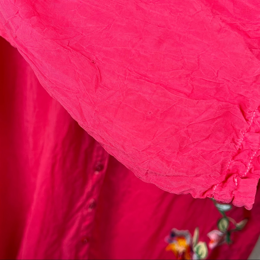 JOHNNY WAS Pink Embroidered Floral Boho Tunic Top Button Up Size Medium - Picture 6 of 12